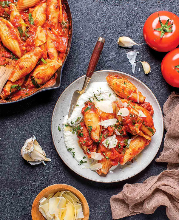 Shells with ricotta and fire-roasted tomato sauce