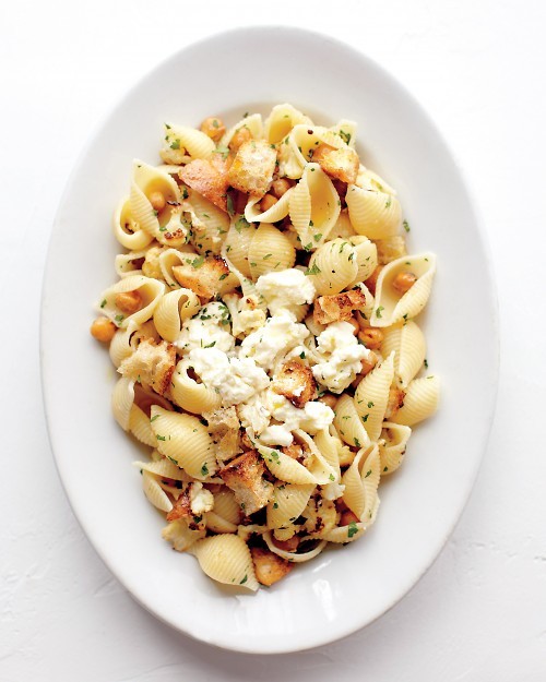 Shells with roasted cauliflower, chickpeas, and ricotta