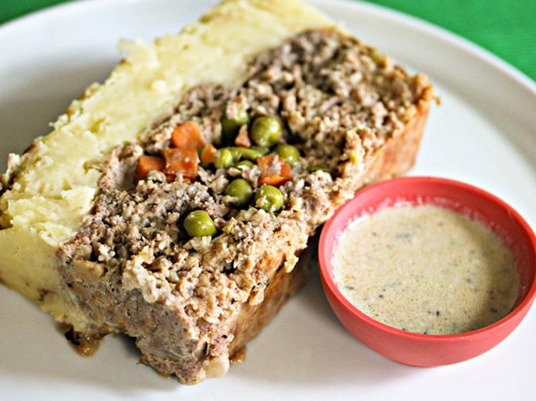 Shepherd's pie meatloaf with Parmesan potato crust and Stilton sauce