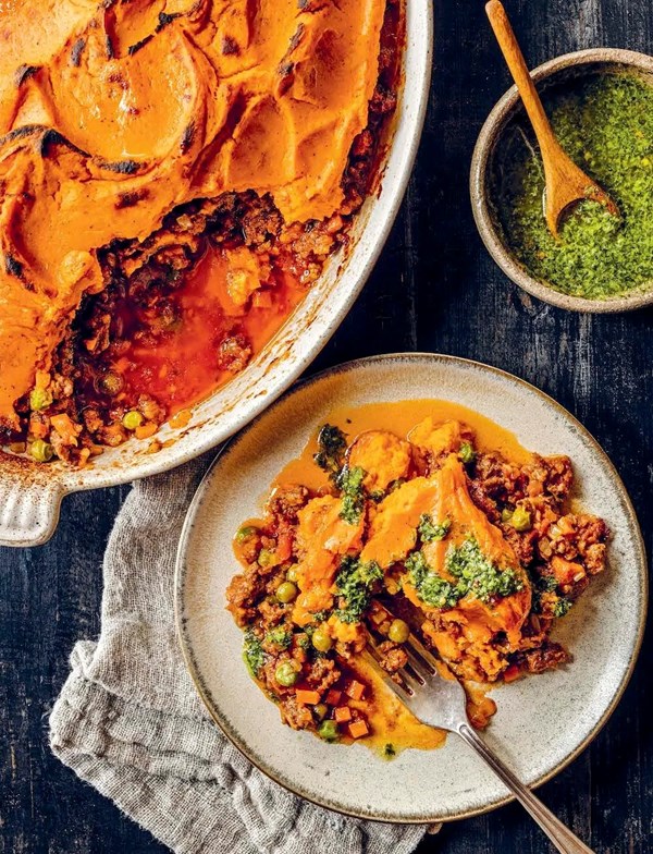 Shepherd's pie with sweet potato and chimichurri sauce