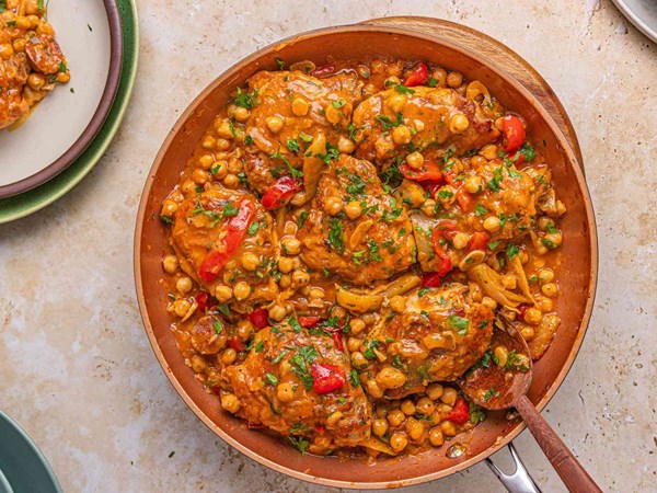 Sherry braised chicken with chickpeas, chorizo and fennel