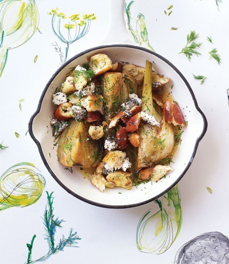 Sherry-braised fennel with pretzel crumbs and goat cheese