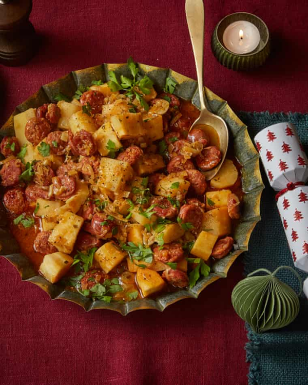 Sherry-braised parsnips with chorizo