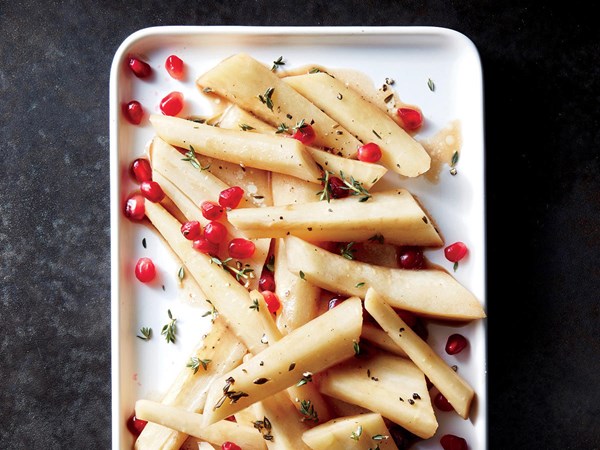 Sherry-glazed parsnips with pomegranate
