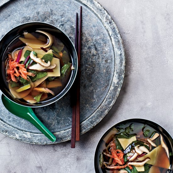 Shiitake and Swiss chard soup with hand-cut noodles [David Chang]