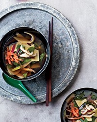 Shiitake-and-Swiss-chard soup with hand-cut noodles