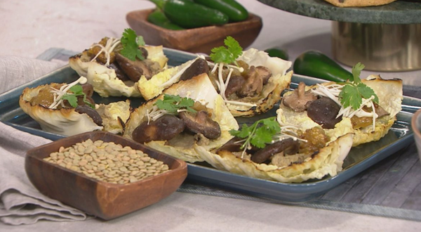 Shiitake cabbage tacos, green lentil smear, green jam