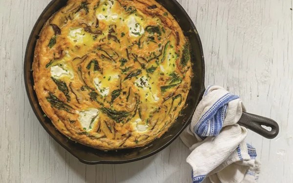 Shiitake frittata with labneh, kale, and shallots