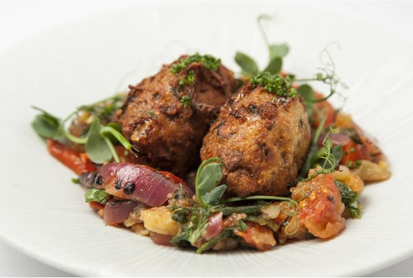 Shiitake mushroom & cheese fritters with escalivada [Peter Gordon]