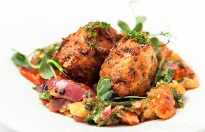 Shiitake mushroom and cheese fritters with escalivada