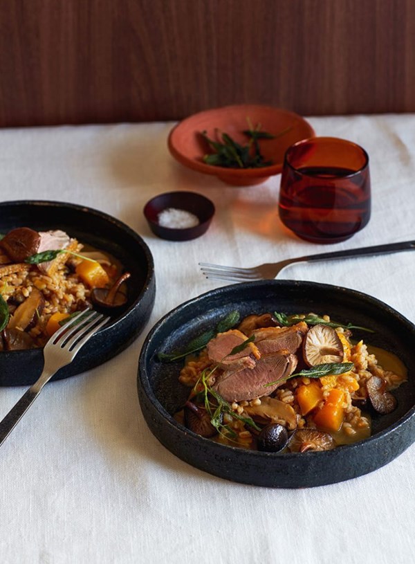 Shiitake, pumpkin & duck farro risotto