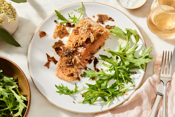 Shiitake salmon with crispy skin