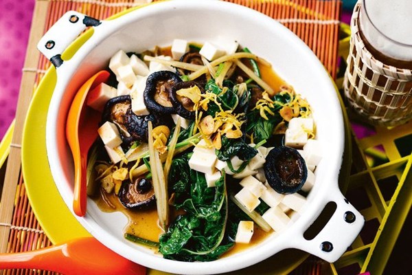 Shiitake, spinach and tofu in oyster sauce
