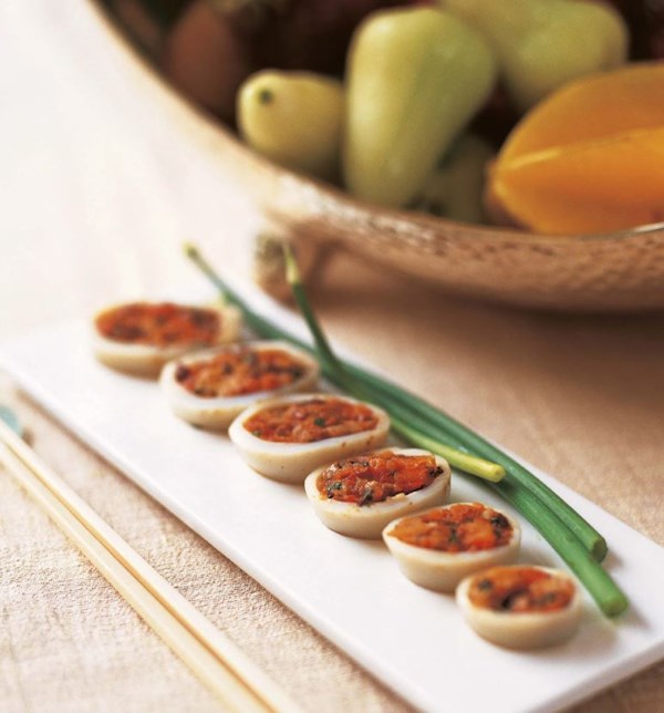 Shiitake stuffed squid rings
