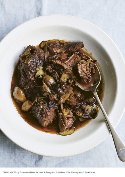 Shin of beef with pasilla chilli, rosemary and prunes