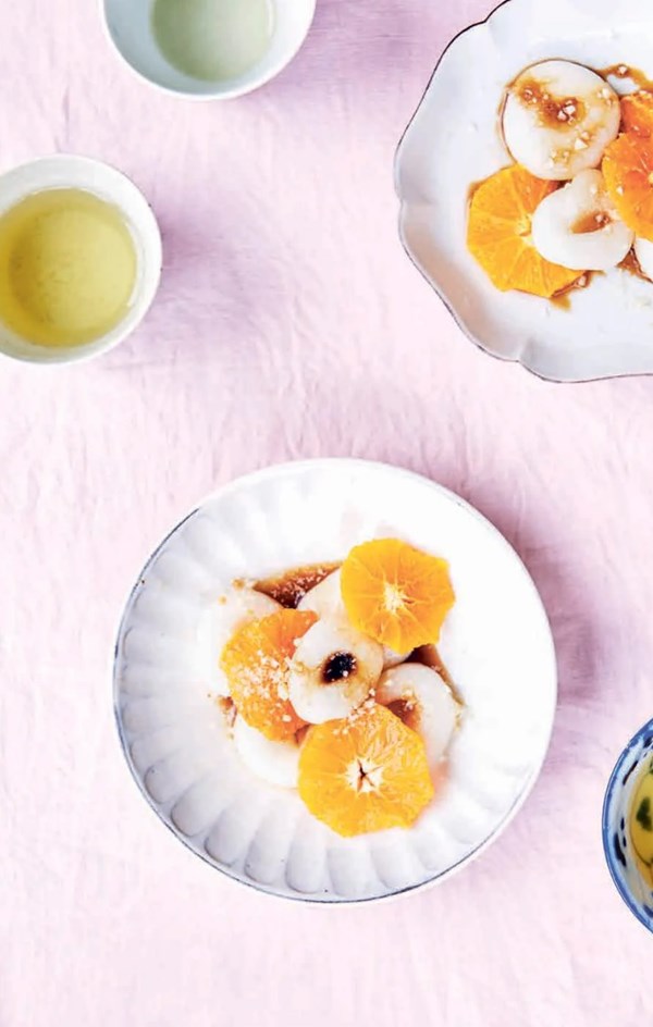 Shiratama mochi balls with brown sugar and ginger syrup