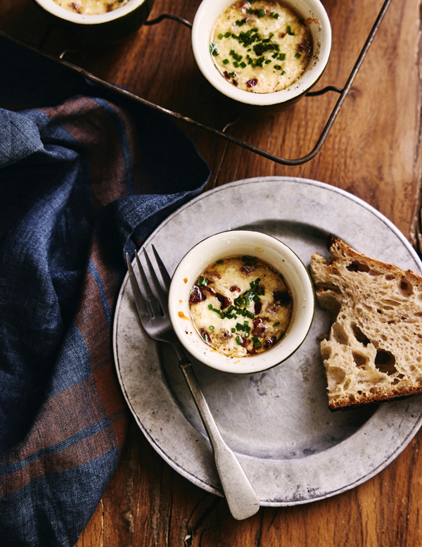 Shirred eggs with thick-cut bacon and chives