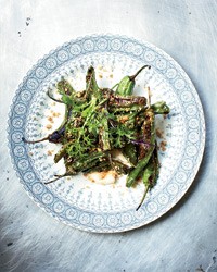 Shishito peppers with bonito sand and tofu mustard