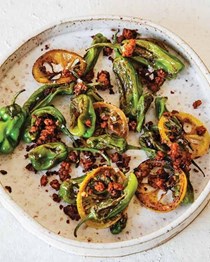 Shishito peppers with chorizo and lemon
