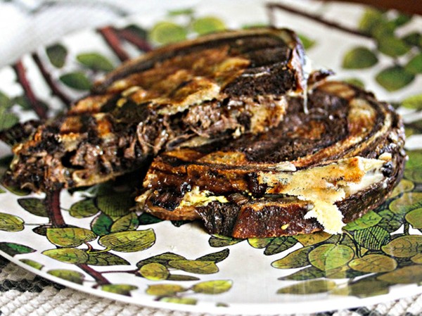 Short rib, caramelized onion, and Gouda grilled cheese