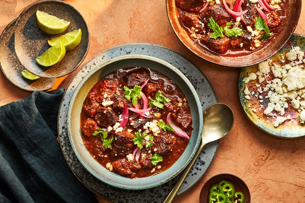 Short rib chili with pickled red onion