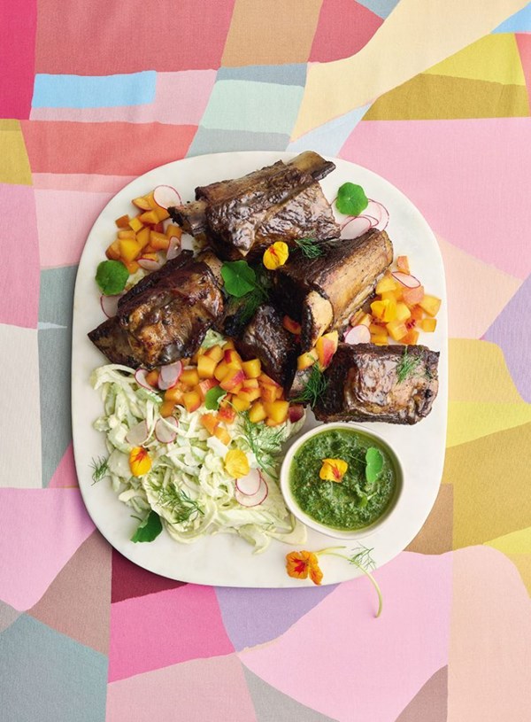 Short ribs with pickled peach, fennel & celery remoulade, nasturtium salsa verde