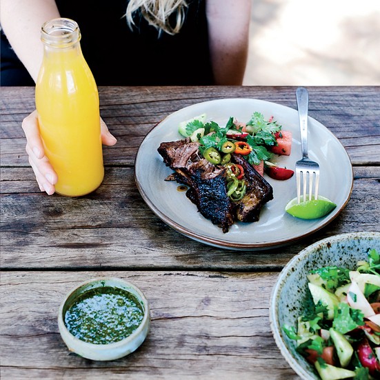 Short ribs with serrano chimichurri and jicama-radish salad