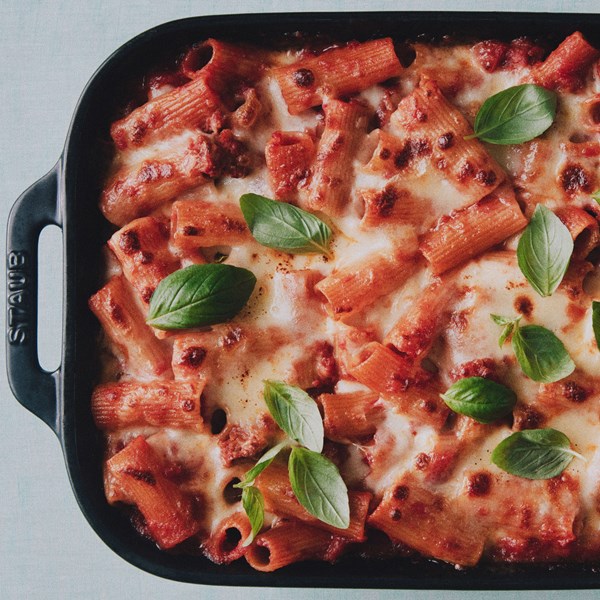Shortcut baked rigatoni with spicy Italian sausage
