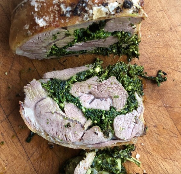 Shoulder of lamb stuffed with wild garlic, seaweed and pine nuts 