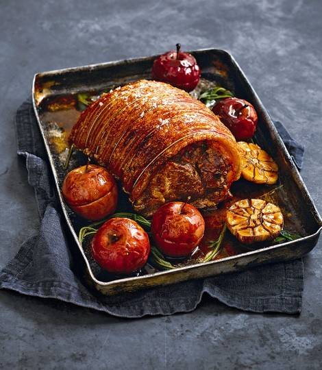 Shoulder of pork with cider and demerara-baked apples