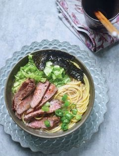 Shoyu beef and Chinese leaf ramen