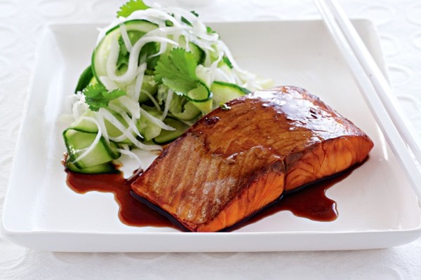 Shoyu trout fillet with radish, coriander and cucumber salad