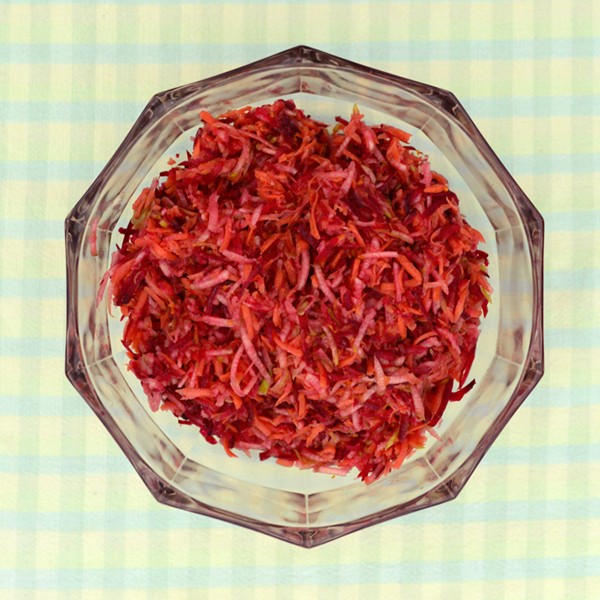 Shredded apple, beet, and carrot salad