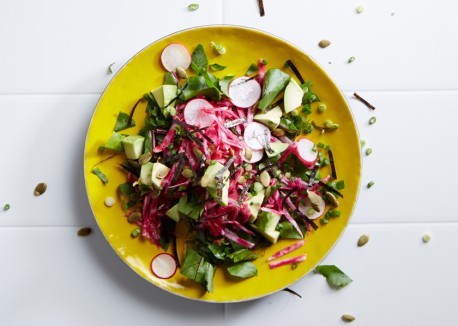 Shredded beet bowl with nori confetti