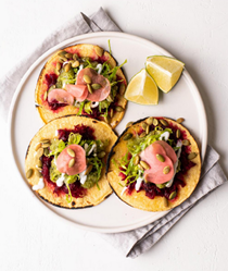 Shredded beet tacos with tomatillo salsa