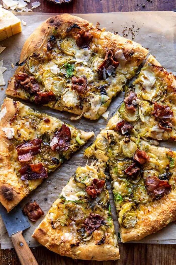 Shredded Brussels sprout and bacon pizza