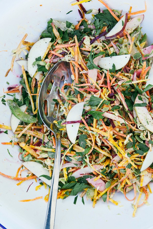 Shredded Brussels sprouts & fall vegetable salad with garlicky orange tahini dressing