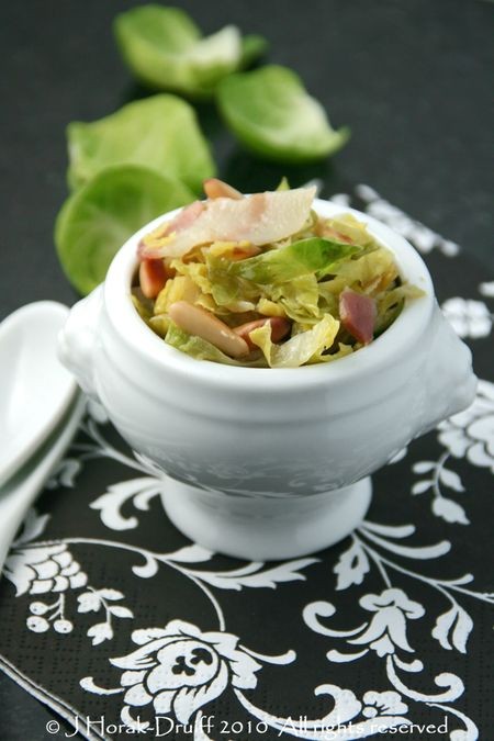 Shredded Brussels sprouts with pancetta and pine nuts