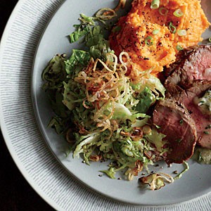 Shredded Brussels sprouts with slow-fried shallots