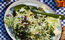 Shredded cabbage, blue cheese and kidney bean salad