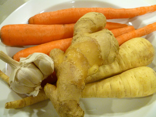 Shredded carrot and parsnip curry soup