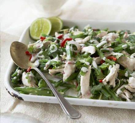 Shredded chicken and runner bean salad