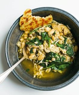 Shredded chicken and white bean chili with roasted poblanos