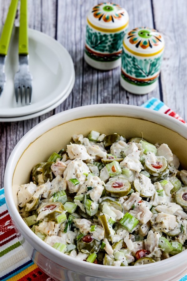 Shredded chicken salad with green olives, celery, and green onion