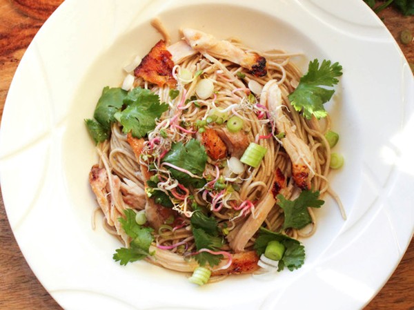Shredded chicken with soba and miso-butter sauce