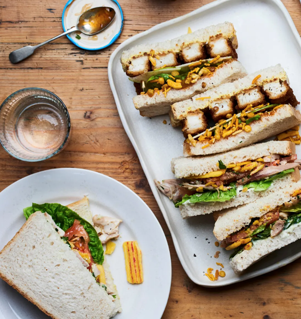 Shredded herb chicken, Frazzles, blue cheese, lettuce and tomato sandwich