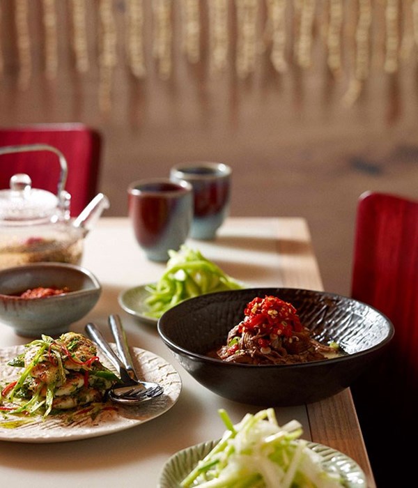 Shredded lamb shoulder with salted chillies and Chinese celery and onion pickle