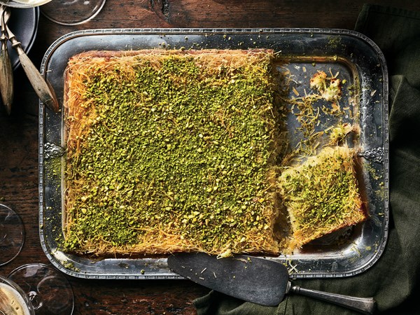 Shredded phyllo-and-cheese pie (Knafeh)