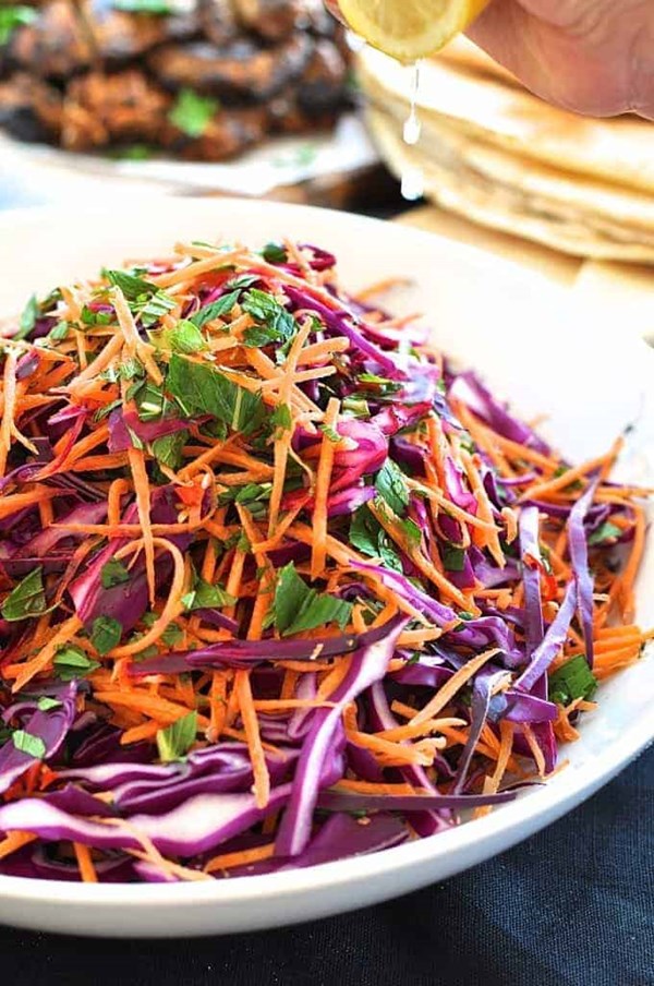 Shredded red cabbage, carrot and mint salad