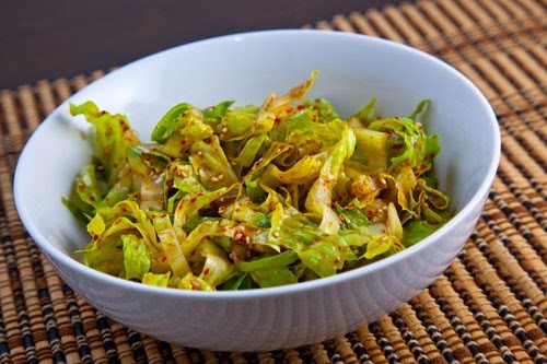 Shredded romaine in a Korean sesame vinaigrette